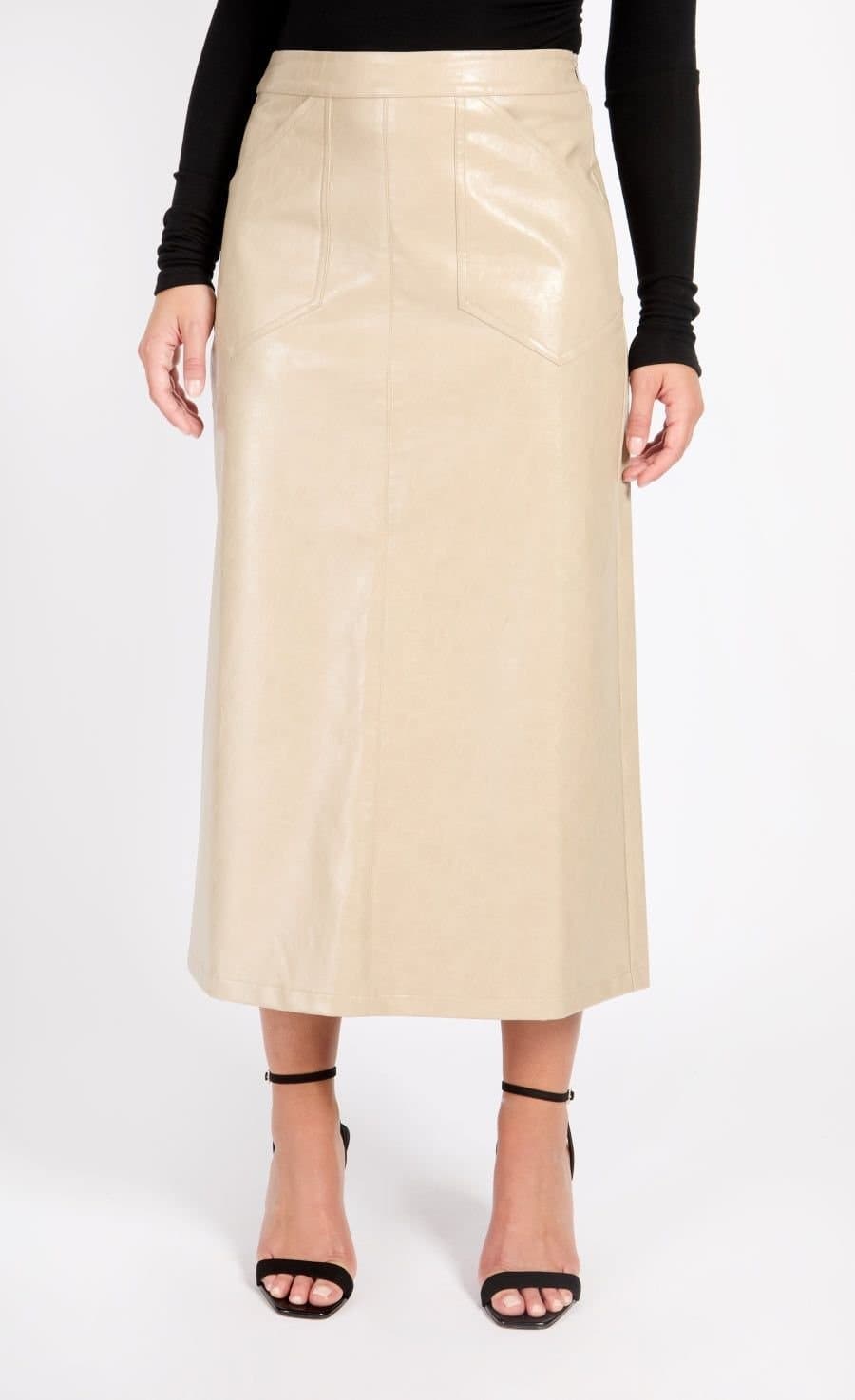 Little Mistress Little Mistress Oatmeal PU Midi Skirt in Natural