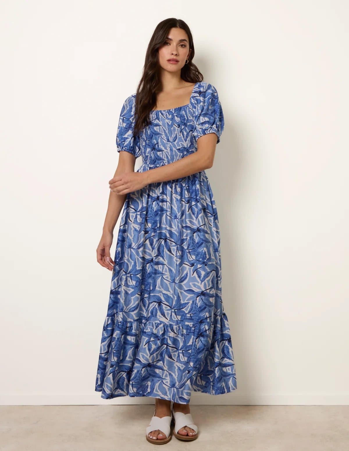 Blue Vanilla Large Floral Printed Square Neck Puff Sleeve Dress