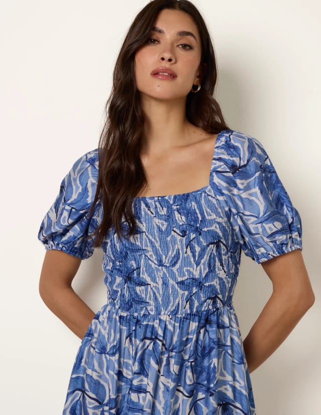 Blue Vanilla Large Floral Printed Square Neck Puff Sleeve Dress - 2