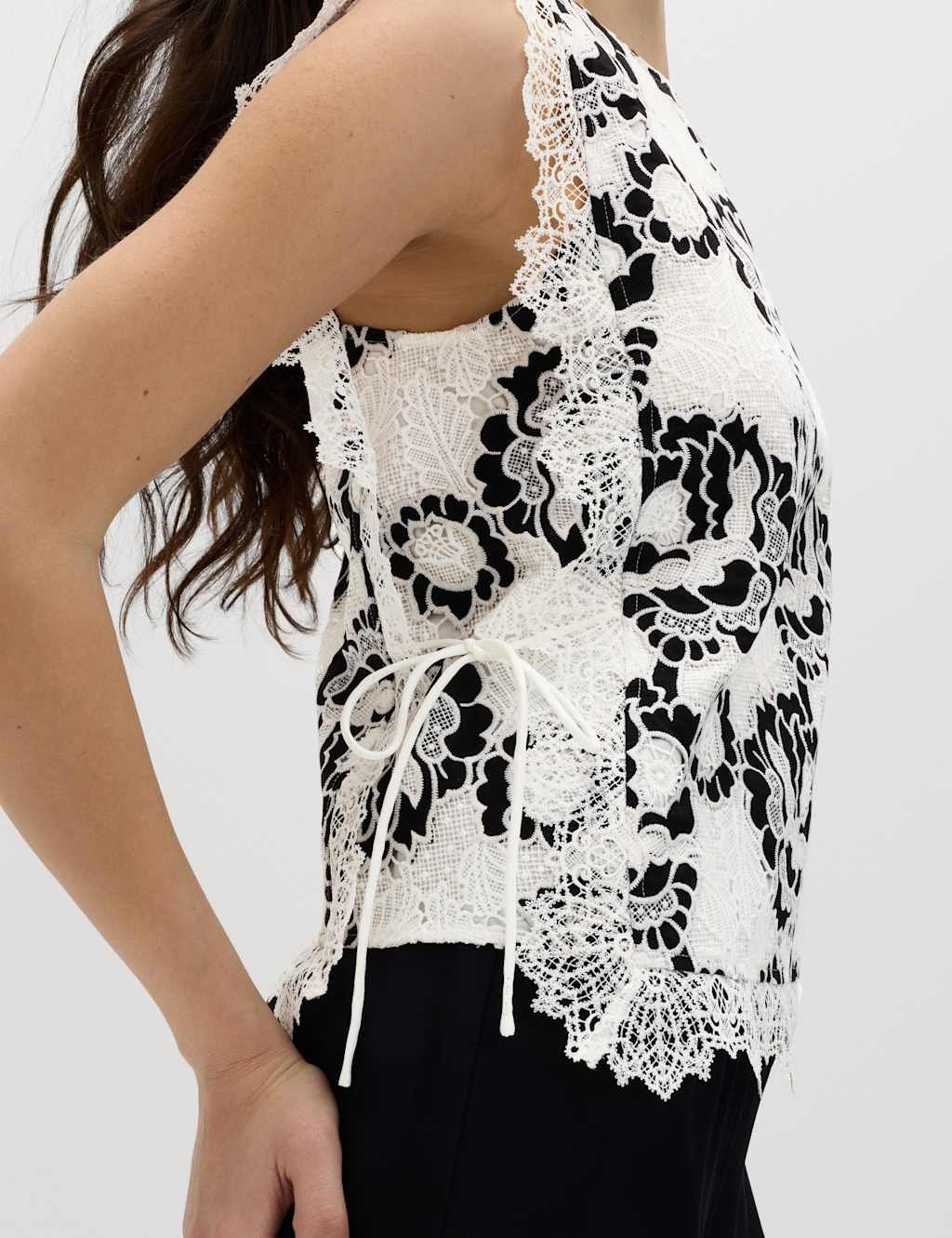 Marks & Spencer M&S Lace Tie Detail Top Black Mix - 2