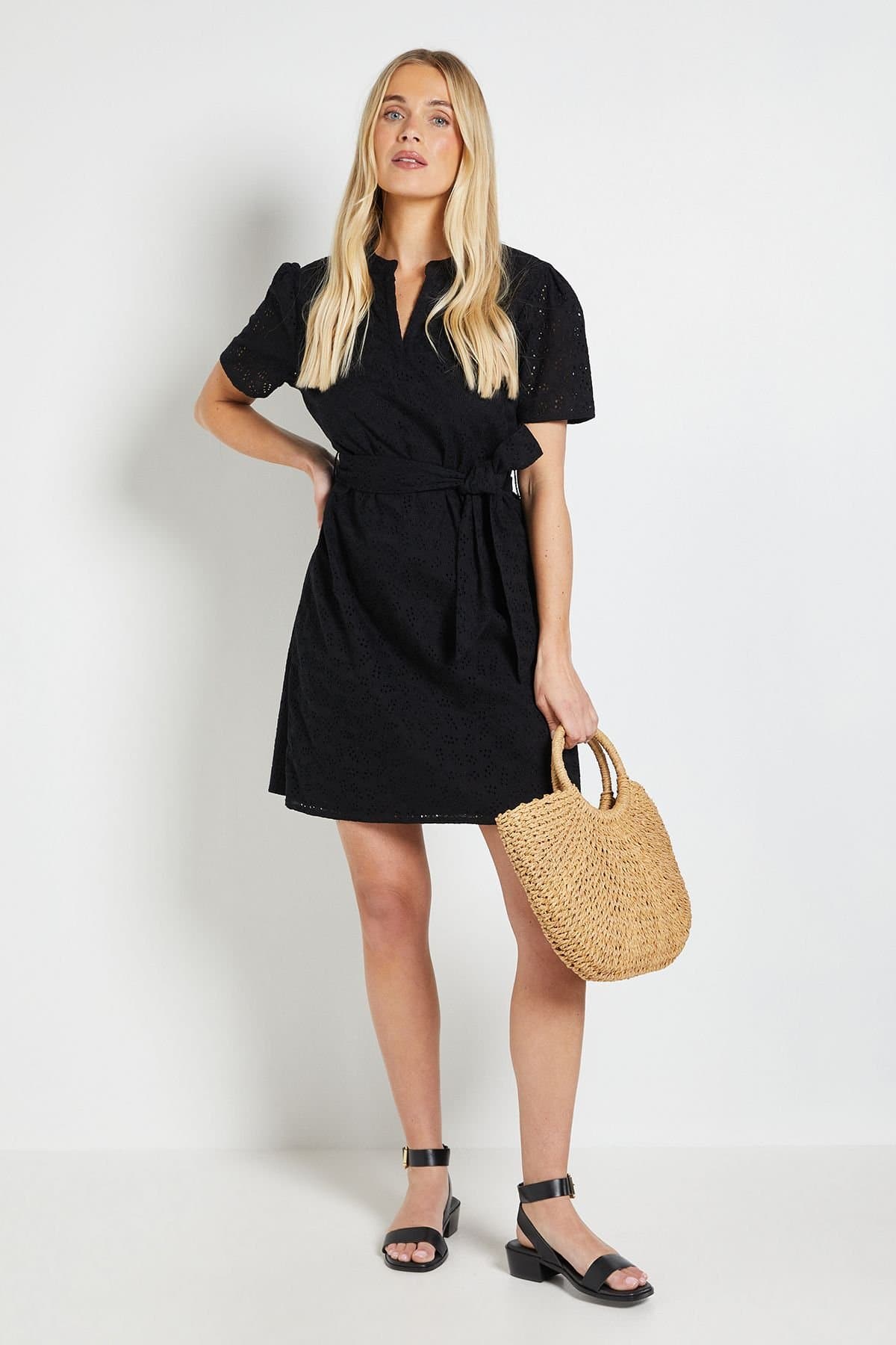 Wallis Wallis Women's Petite Broderie Collarless Belted Shift Dress in Black