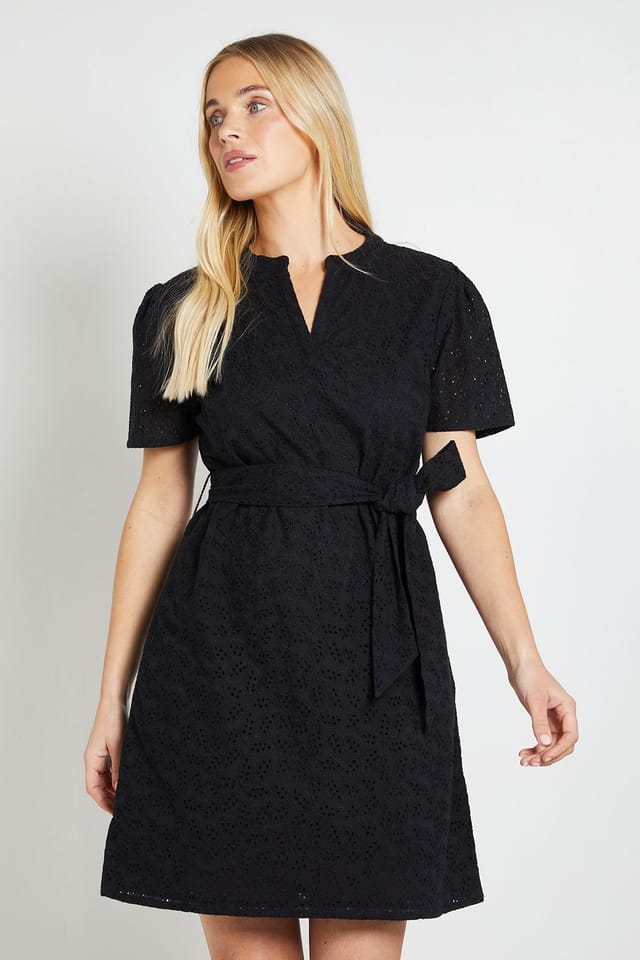 Wallis Wallis Women's Petite Broderie Collarless Belted Shift Dress in Black - 2