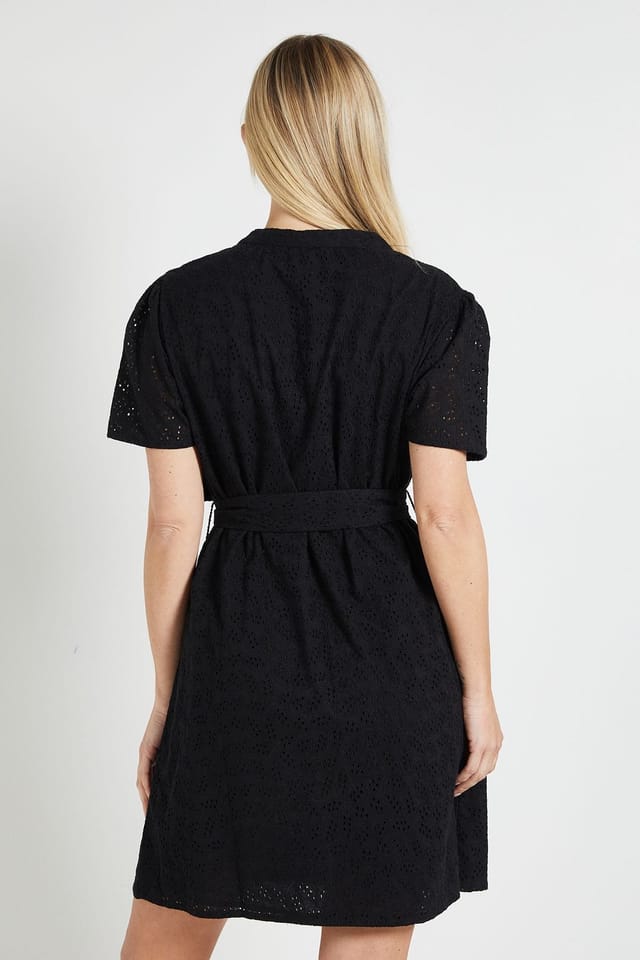 Wallis Wallis Women's Petite Broderie Collarless Belted Shift Dress in Black - 3