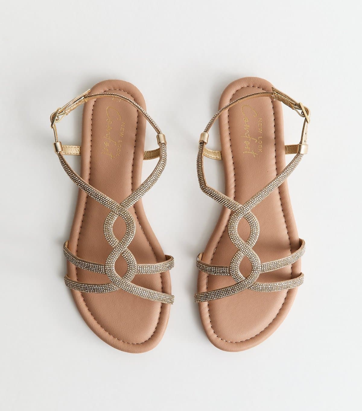 New Look Women's Gold Embellished Round Toe Sandals Vegan New Look