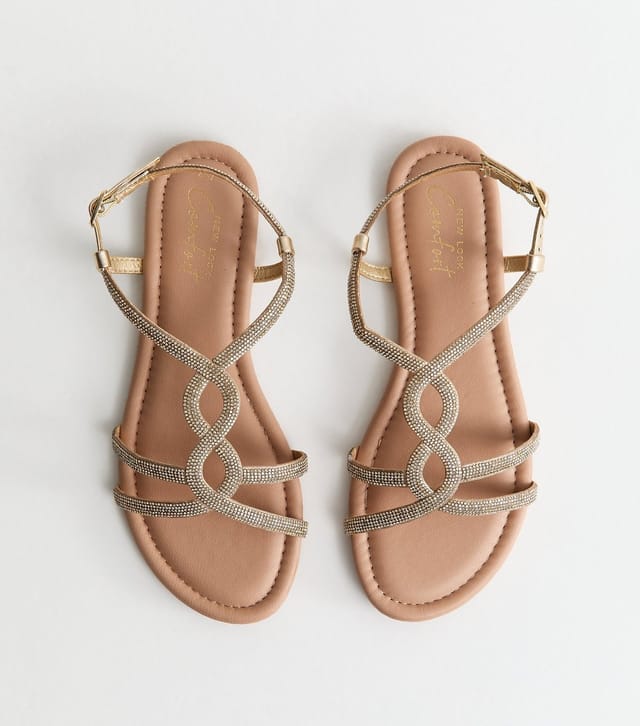 New Look Women's Gold Embellished Round Toe Sandals Vegan New Look - 2