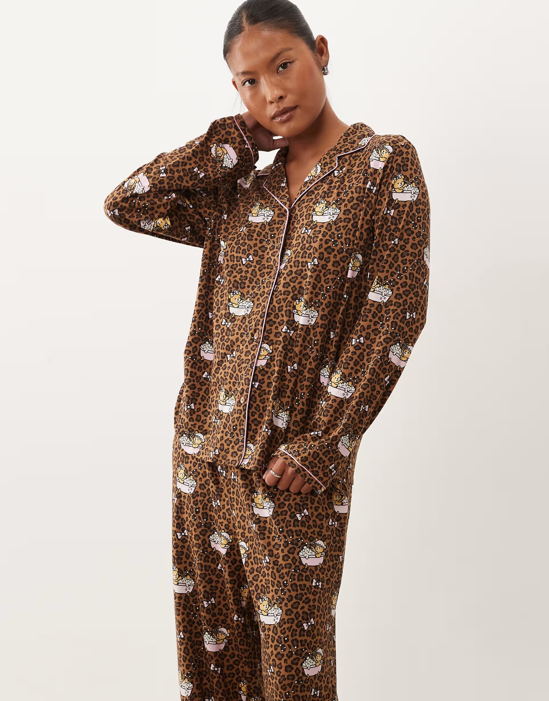 ASOS Urban Threads Petite long sleeve button up shirt and trousers pyjama set in leopard teddy in bath print