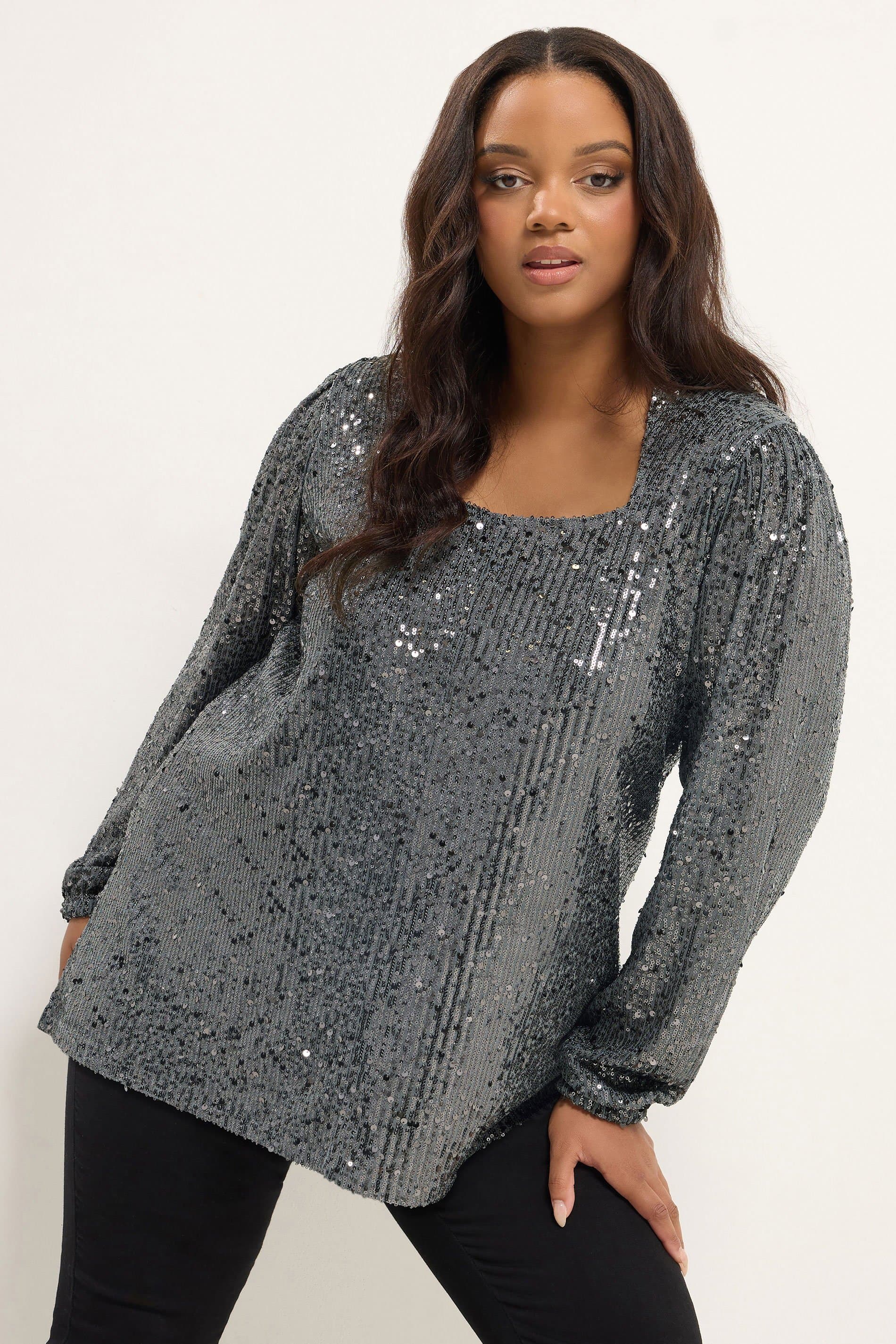 Yours Plus Size Grey All Over Sequin Long Sleeve Top