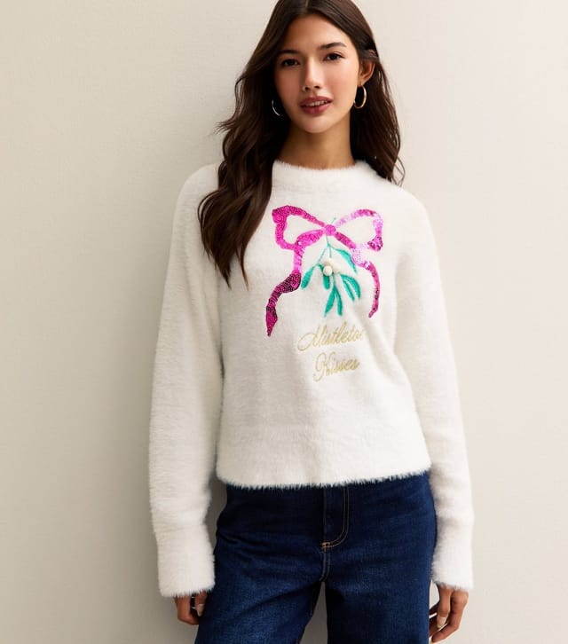 New Look Women's White Fluffy Embroidered Mistletoe Motif Jumper New Look - 2