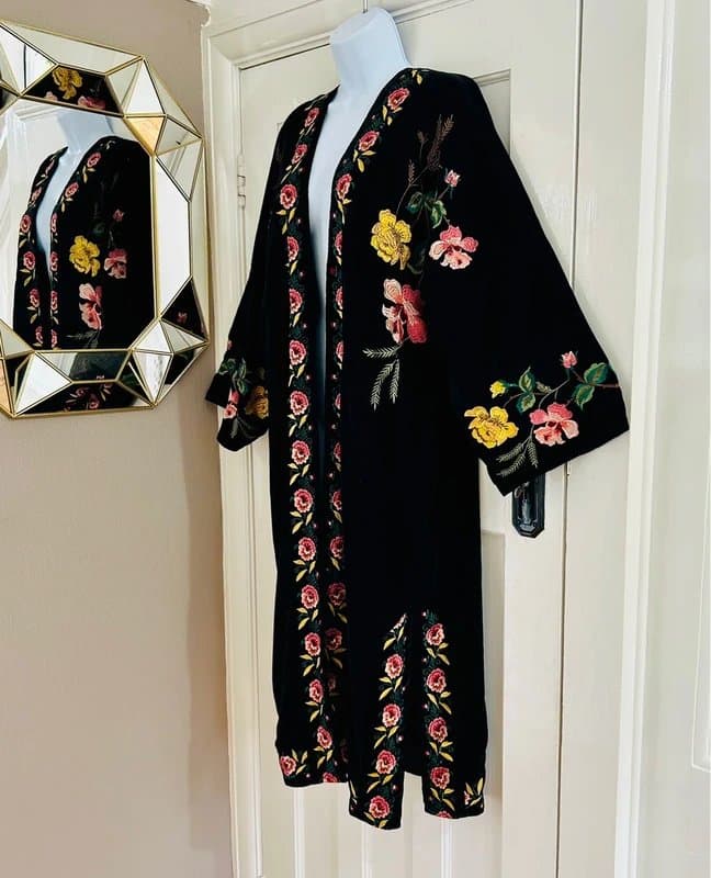 Topshop Embroidered kimono duster coat jacket special occasion witchy gothic hippie festival bohemian M