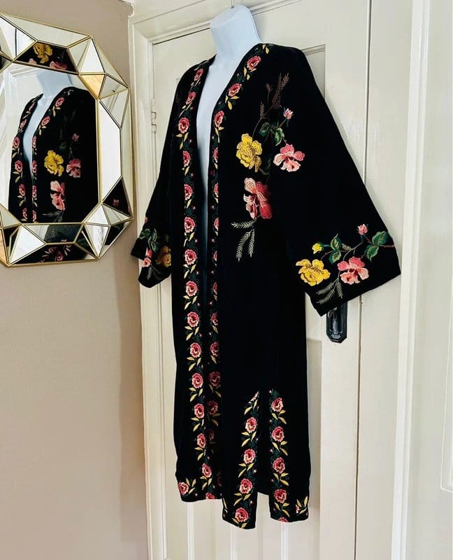 Topshop Black Embroidered Kimono Duster Coat