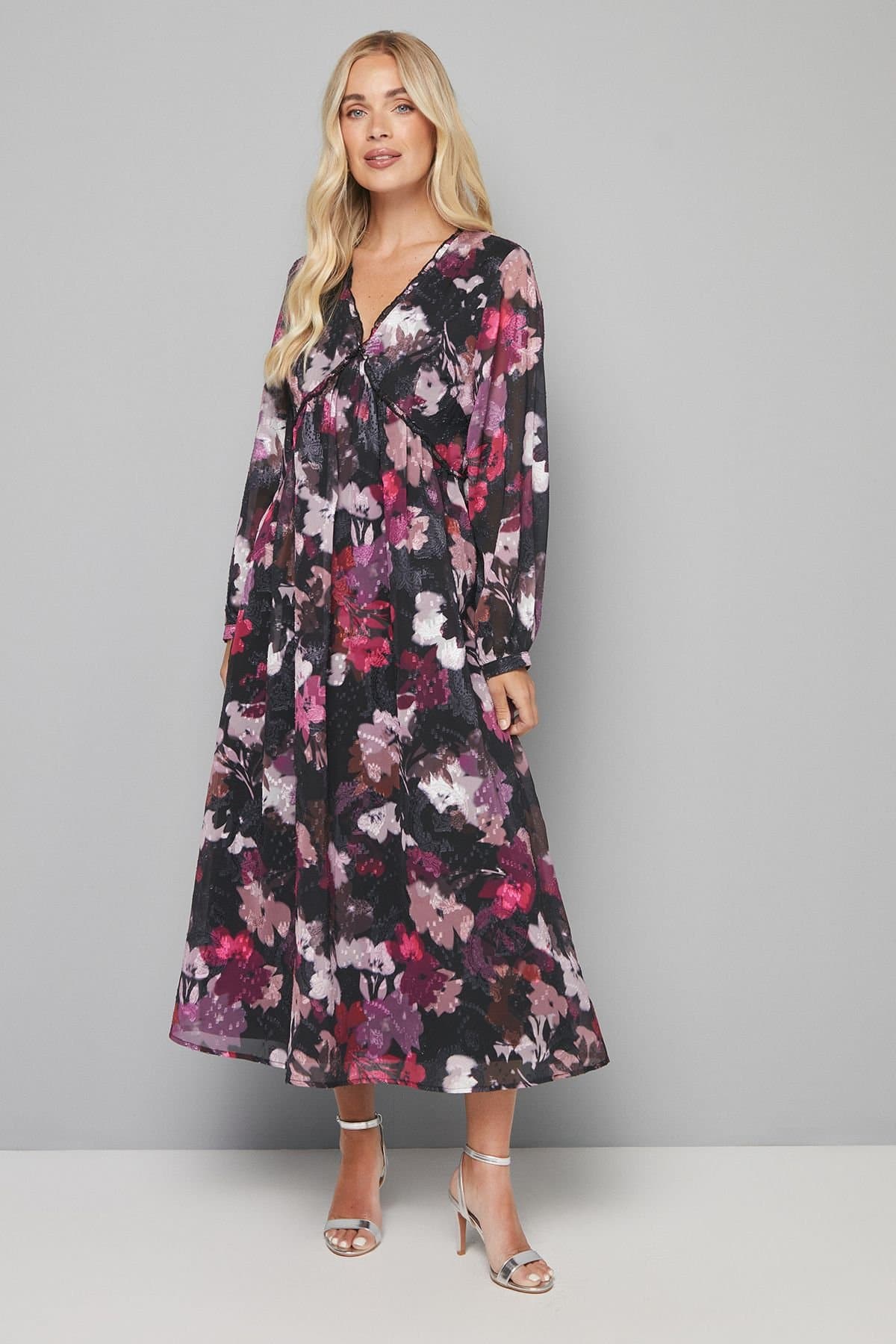 Wallis Wallis Women's Petite Floral Jacquard Ruffle Midi Dress in Black