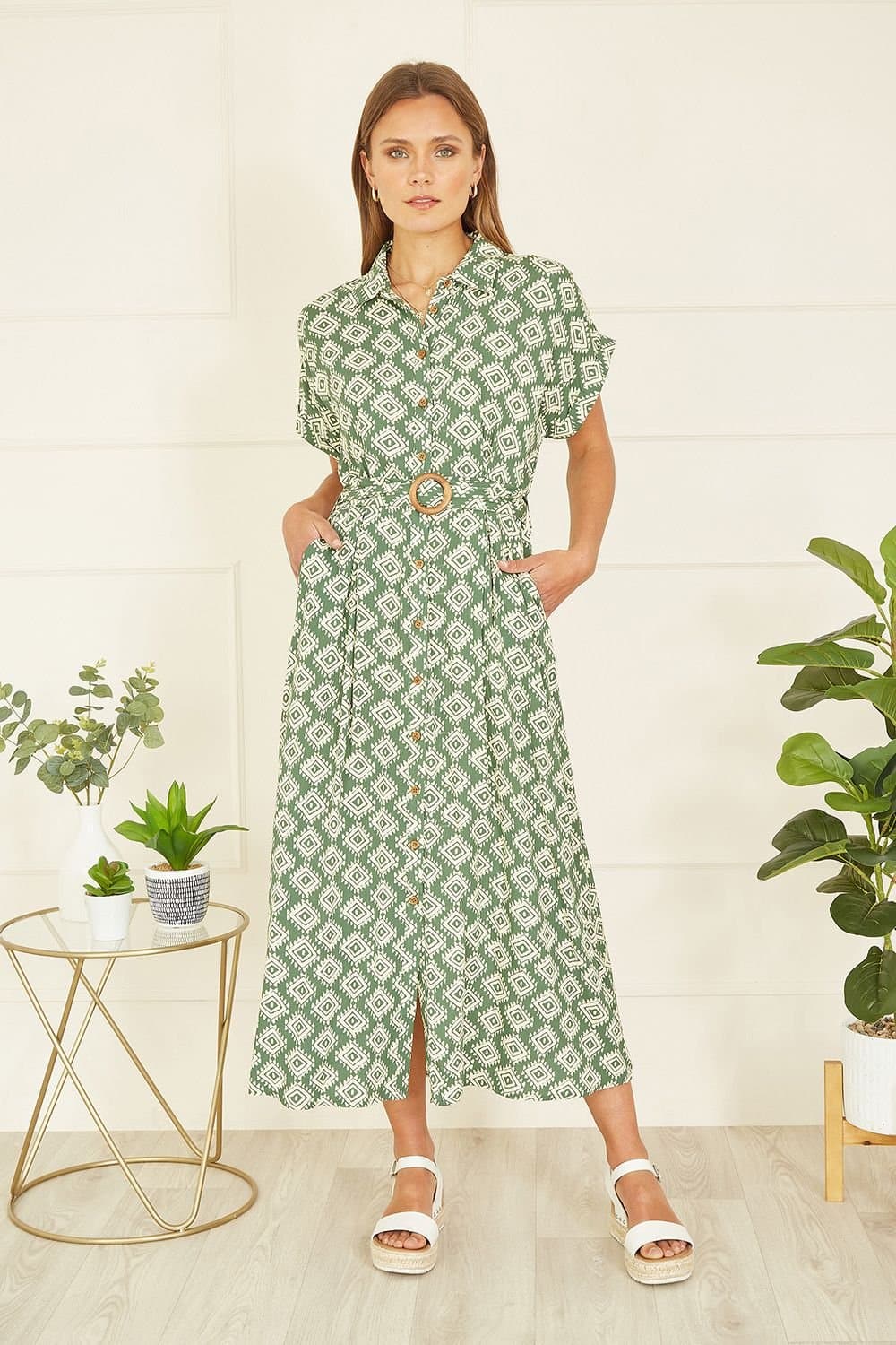 Yumi Yumi Women's Green Viscose Midi Shirt Dress With Matching Belt