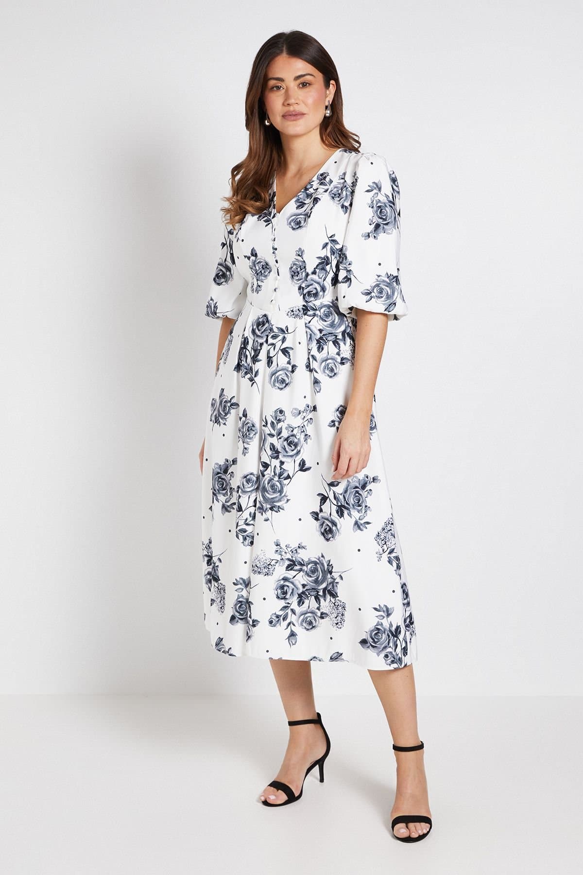 Wallis Wallis Women's Floral Polka Dot Button Ottoman Twill Midi Dress in Black