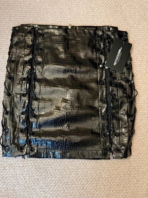 PrettyLittleThing PLT Black Croc Lace Up Mini Skirt - Size 8