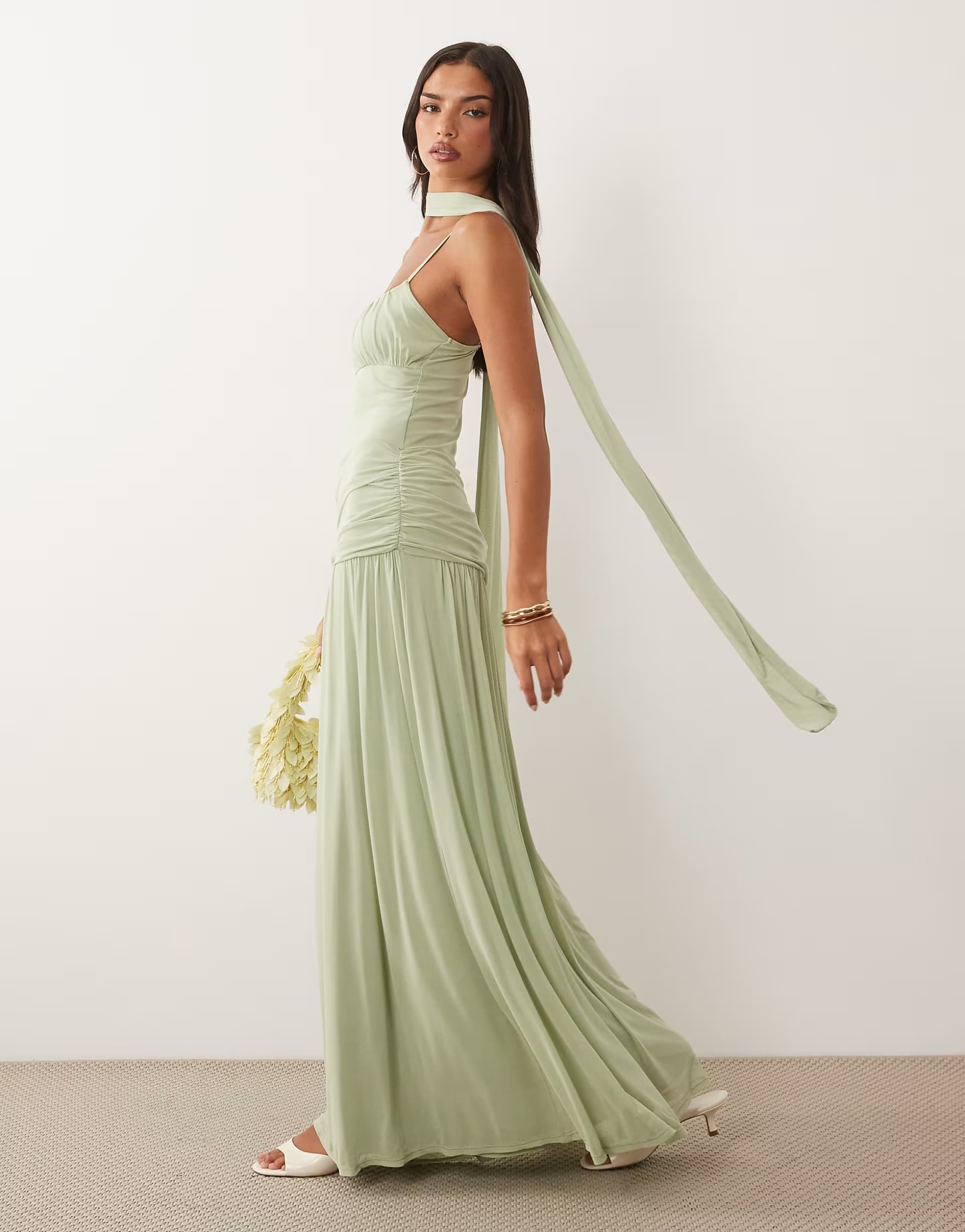 ASOS ASOS DESIGN mesh ruched bust maxi dress with scarf detail in sage green