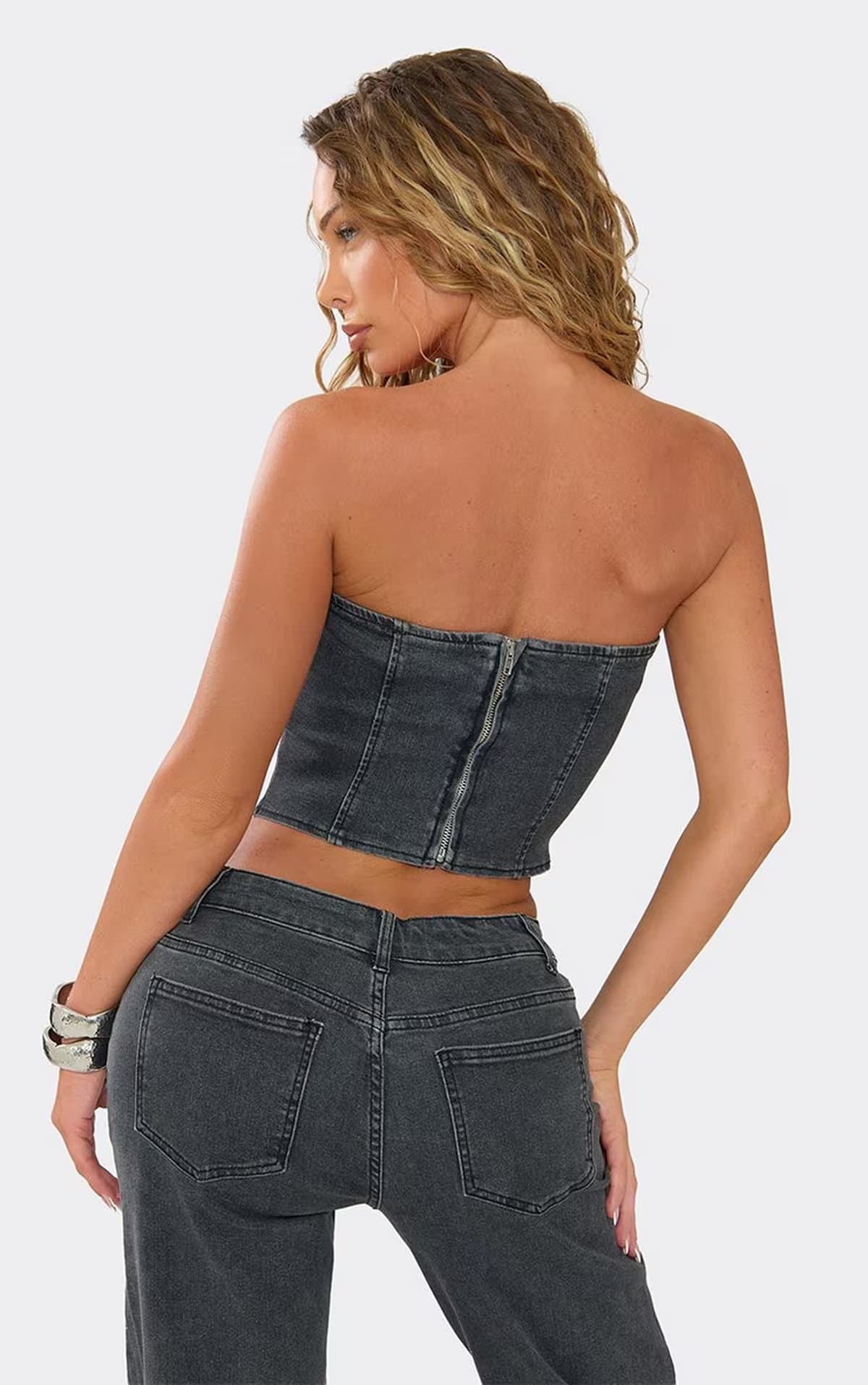 EGO EGO Black Denim Bandeau Fitted Top, Women's Size UK 6