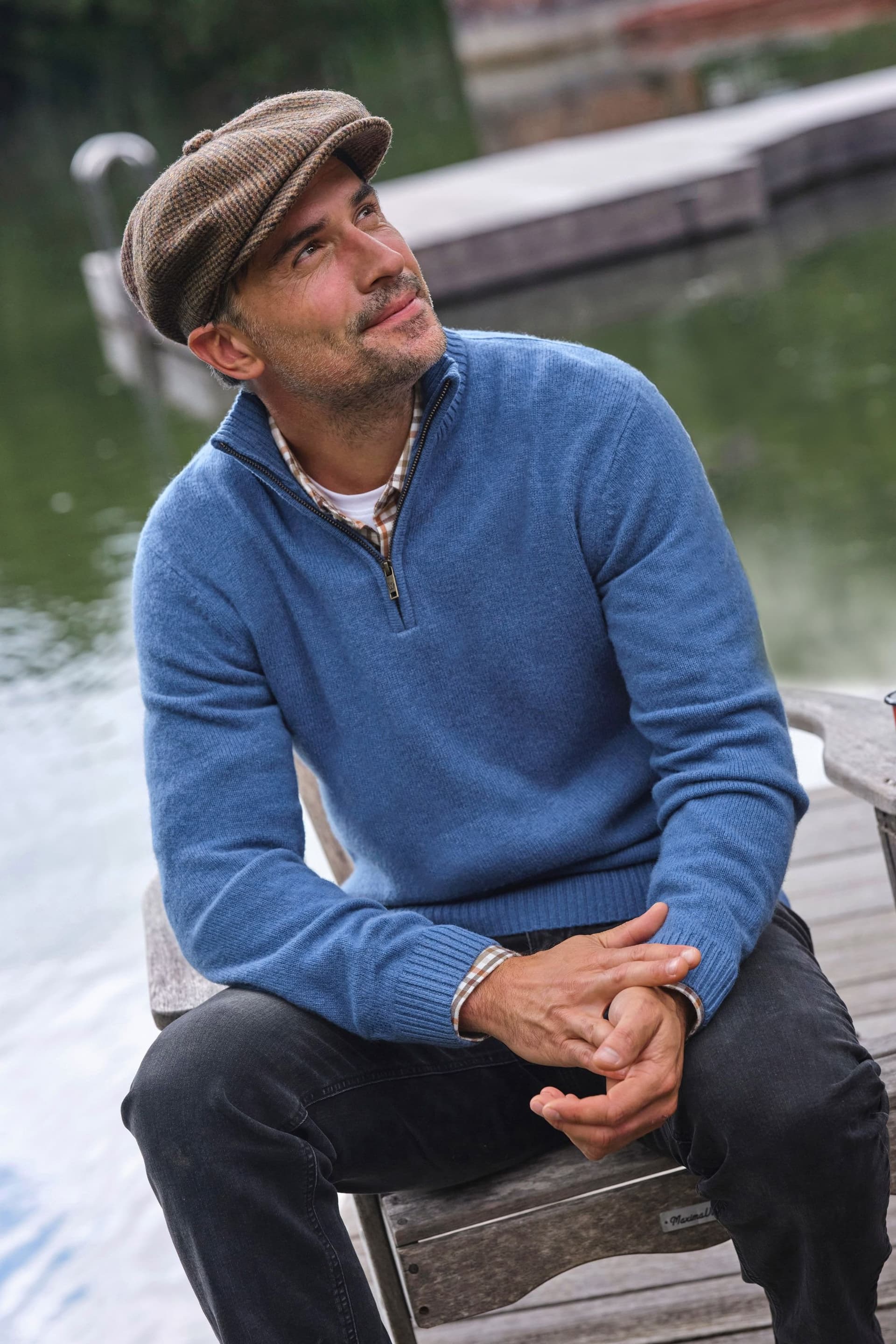 WoolOvers WoolOvers Men's Mens Lambswool Zip Neck Jumper in Mid Blue