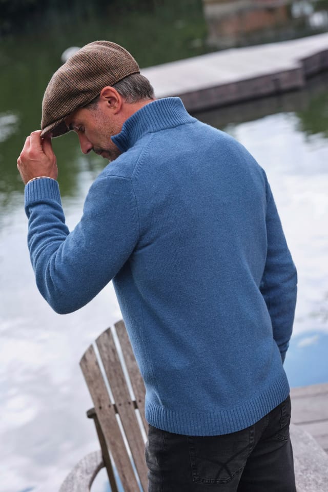 WoolOvers WoolOvers Men's Mens Lambswool Zip Neck Jumper in Mid Blue - 3