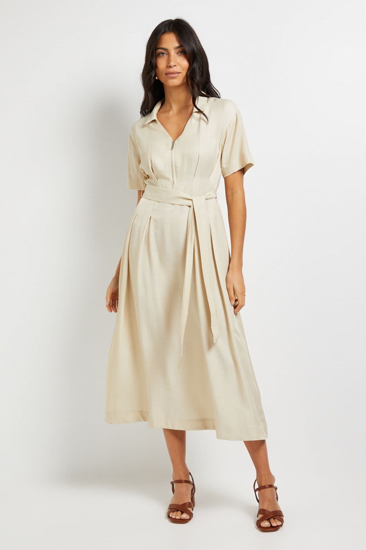 Wallis Wallis Women's Denim Look Zip Belted Midi Dress in Stone