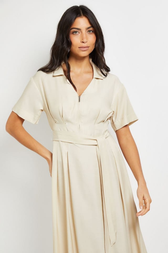 Wallis Wallis Women's Denim Look Zip Belted Midi Dress in Stone - 2