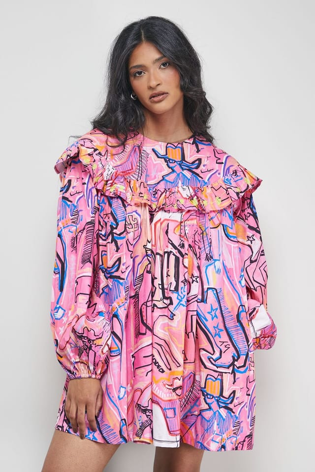 Warehouse Warehouse Women's Tony Rodeo Cotton Frill Yoke Mini Smock Dress - 3