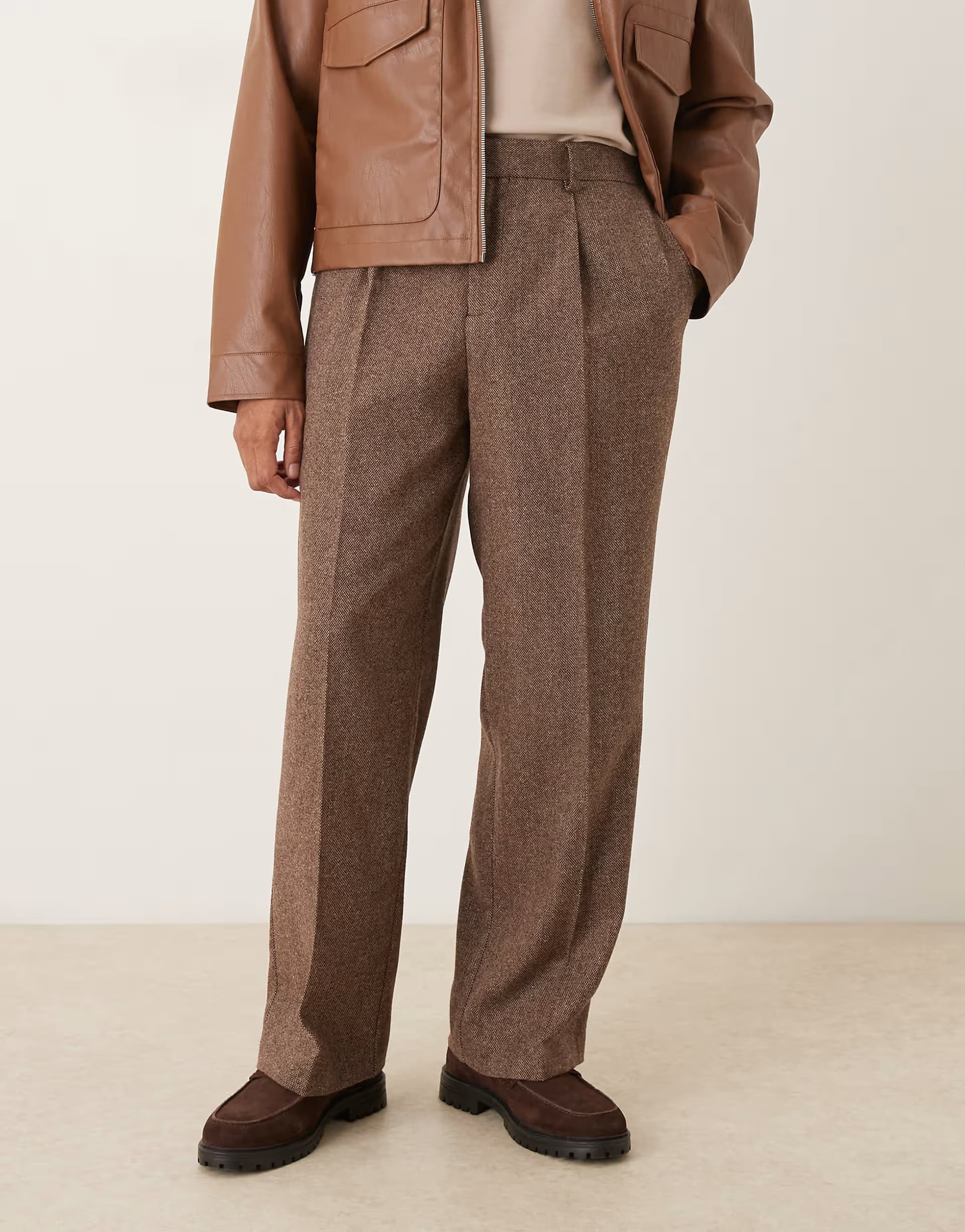 ASOS ASOS DESIGN smart pleated wide leg trousers in brown wool blend with elasticated waist
