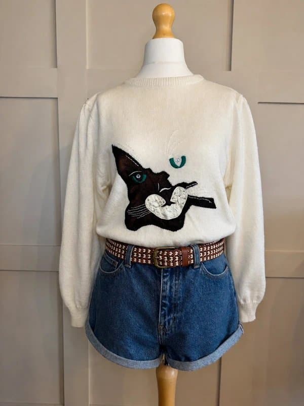 Vintage Dressing Vintage Cat Jumper | Jane Bis Novelty Knit | Cute Cat Lover Sweater UK 12–16
