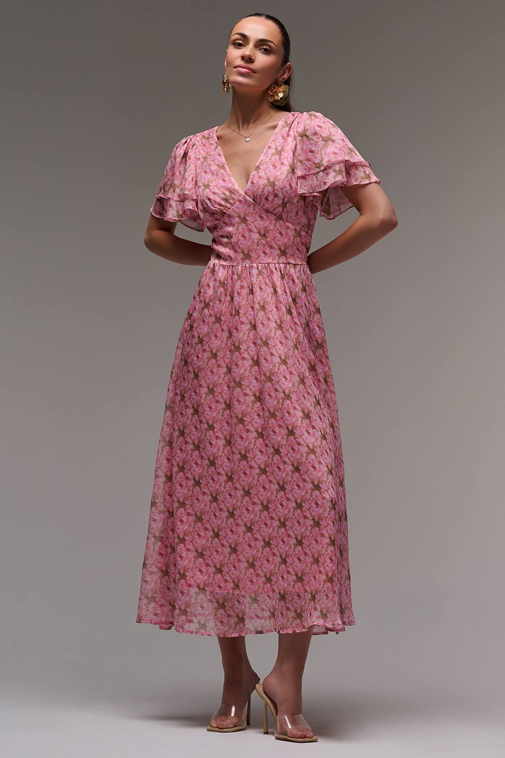 Jolie Moi Jolie Moi Women's Layered Angel Sleeved Chiffon Maxi Dress in Pink - 3