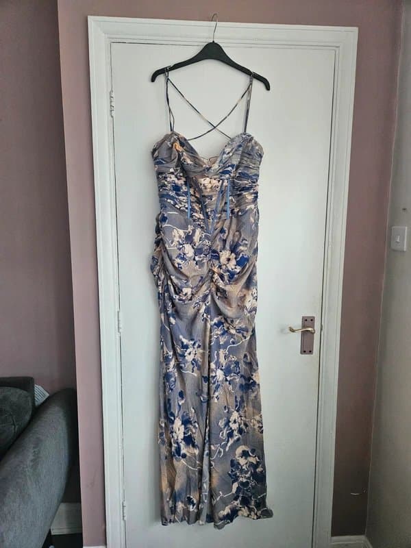 ASOS Design Brand new with tags ruched corset maxi dress with ruffle skirt and strap details blue floral print