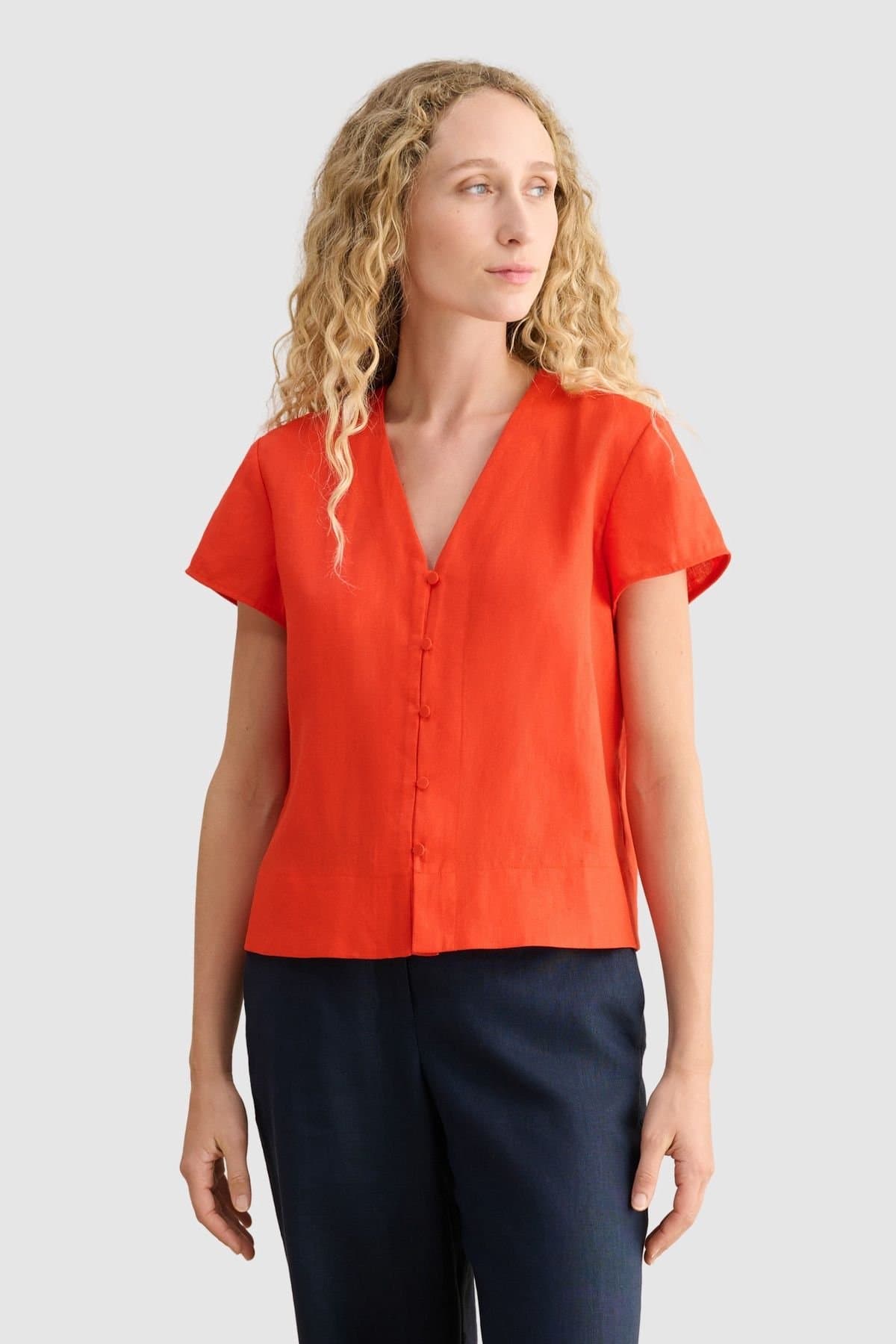 Hobbs London Hobbs London Women's Aurelia V-Neck Linen Top in Scarlet