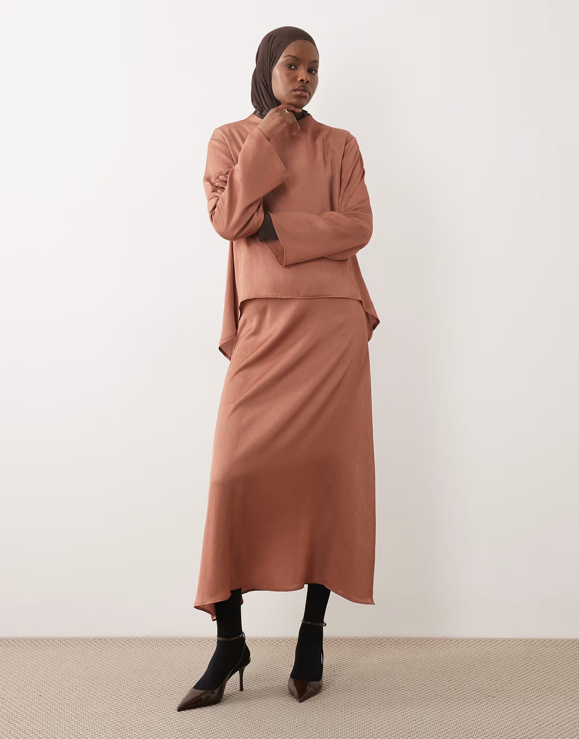 ASOS IYAL hammered satin high neck tunic top and satin midi skirt co-ord in rust