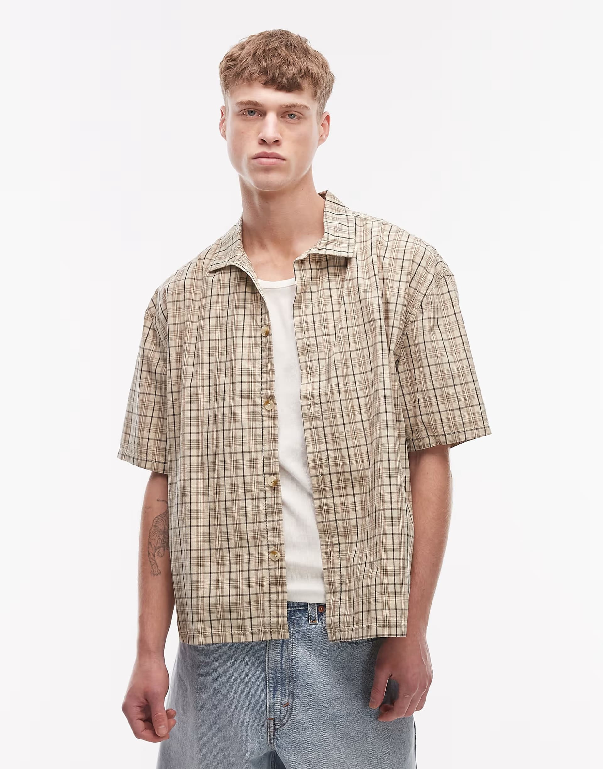 ASOS Rhythm relaxed short sleeve shirt in beige check