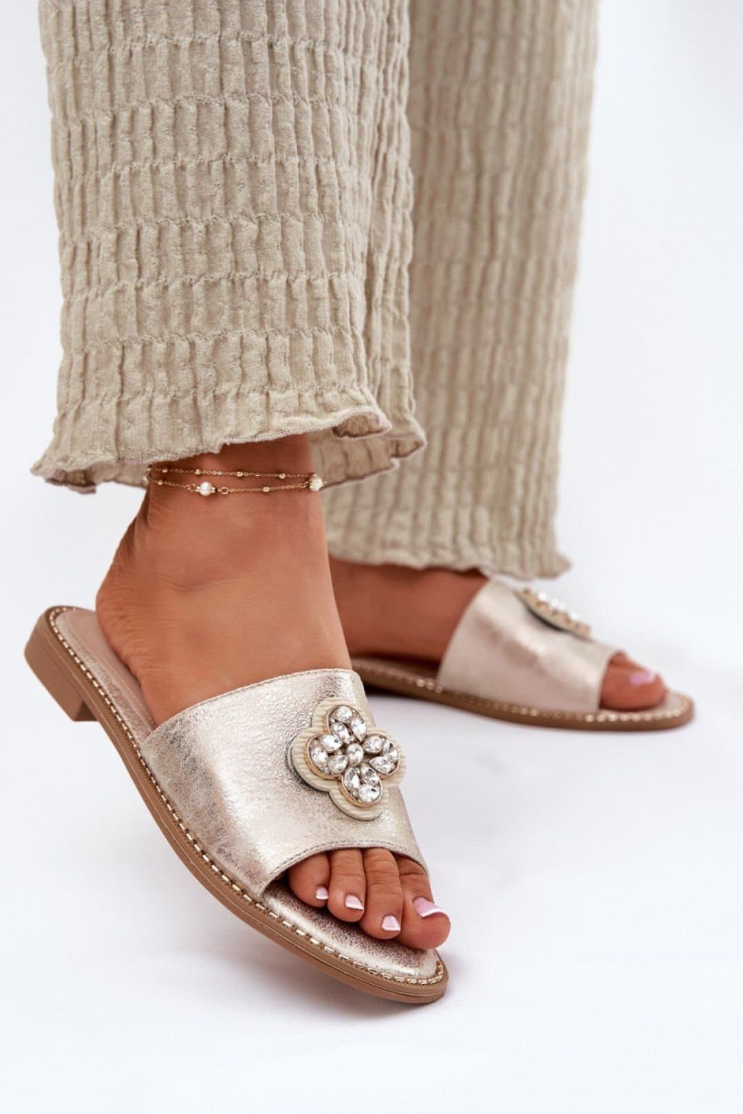 Love Lace Love Lace Gold Flat Heel Sliders With Comfort Insole
