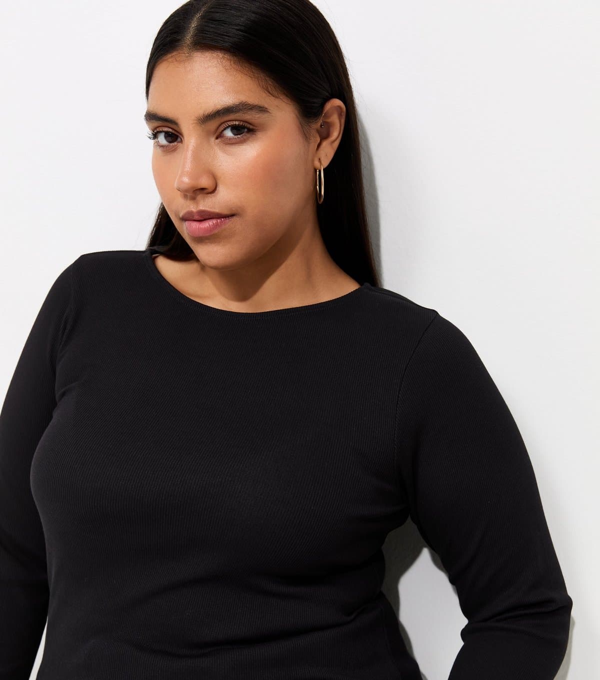 New Look Women's Plus Size Black Cotton Rich Long Sleeve Babylock Top Curves New Look