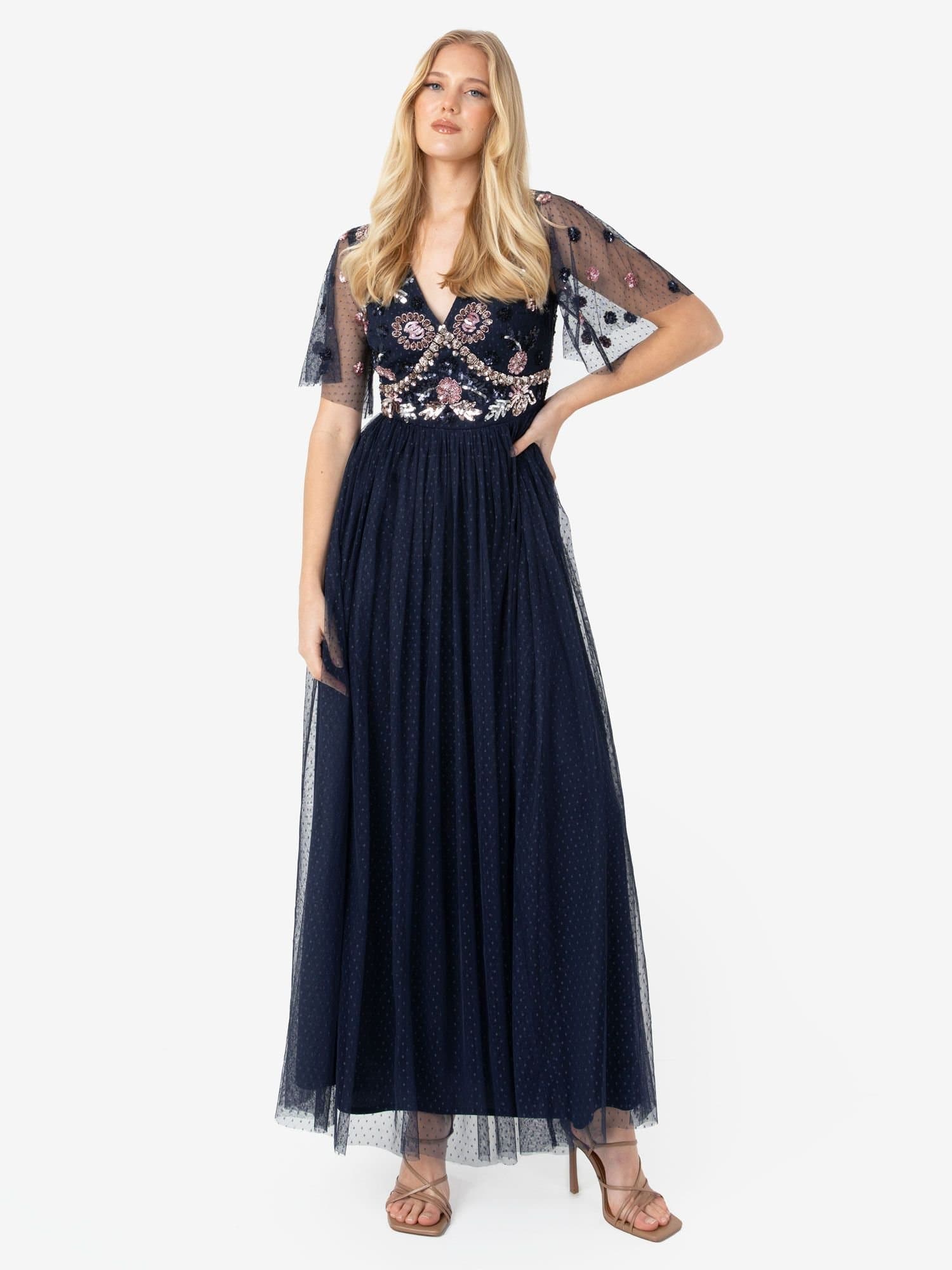 Maya Deluxe Maya Deluxe Women's Embellished Navy Spot Mesh Maxi Dress in Dark Navy