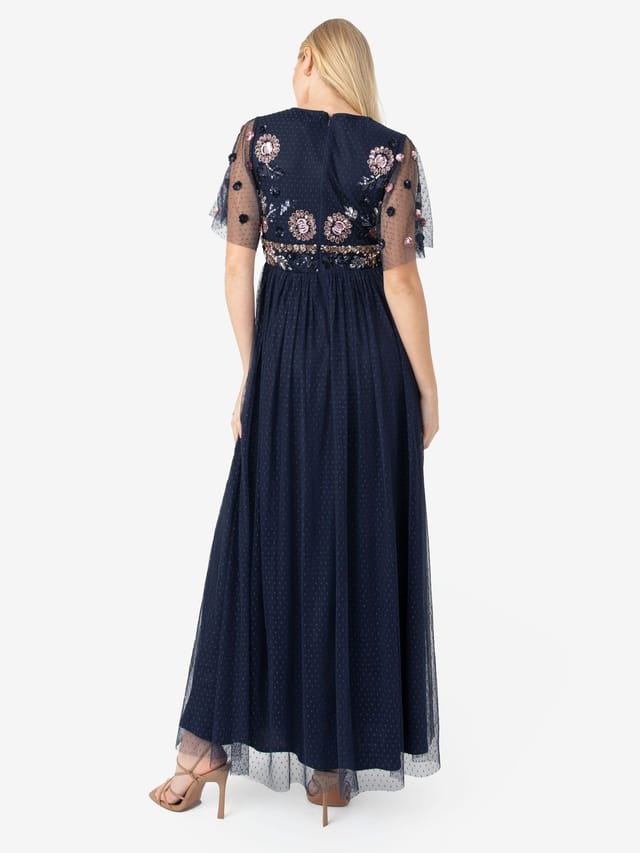 Maya Deluxe Maya Deluxe Women's Embellished Navy Spot Mesh Maxi Dress in Dark Navy - 3