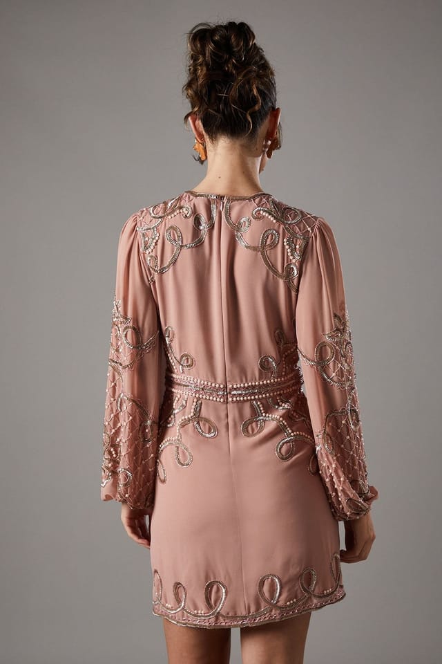 Coast Coast Women's Muse Chiffon Embellished Mini Dress With Blouson Sleeves in Nude - 3