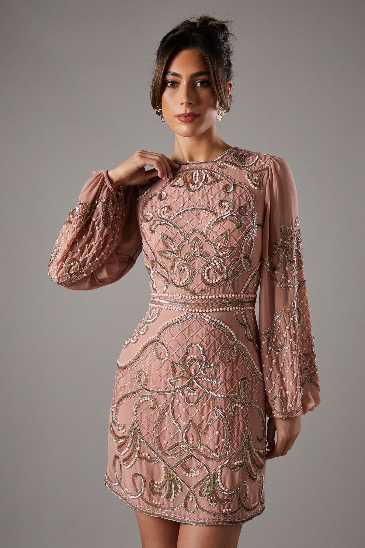 Coast Coast Women's Muse Chiffon Embellished Mini Dress With Blouson Sleeves in Nude - 4