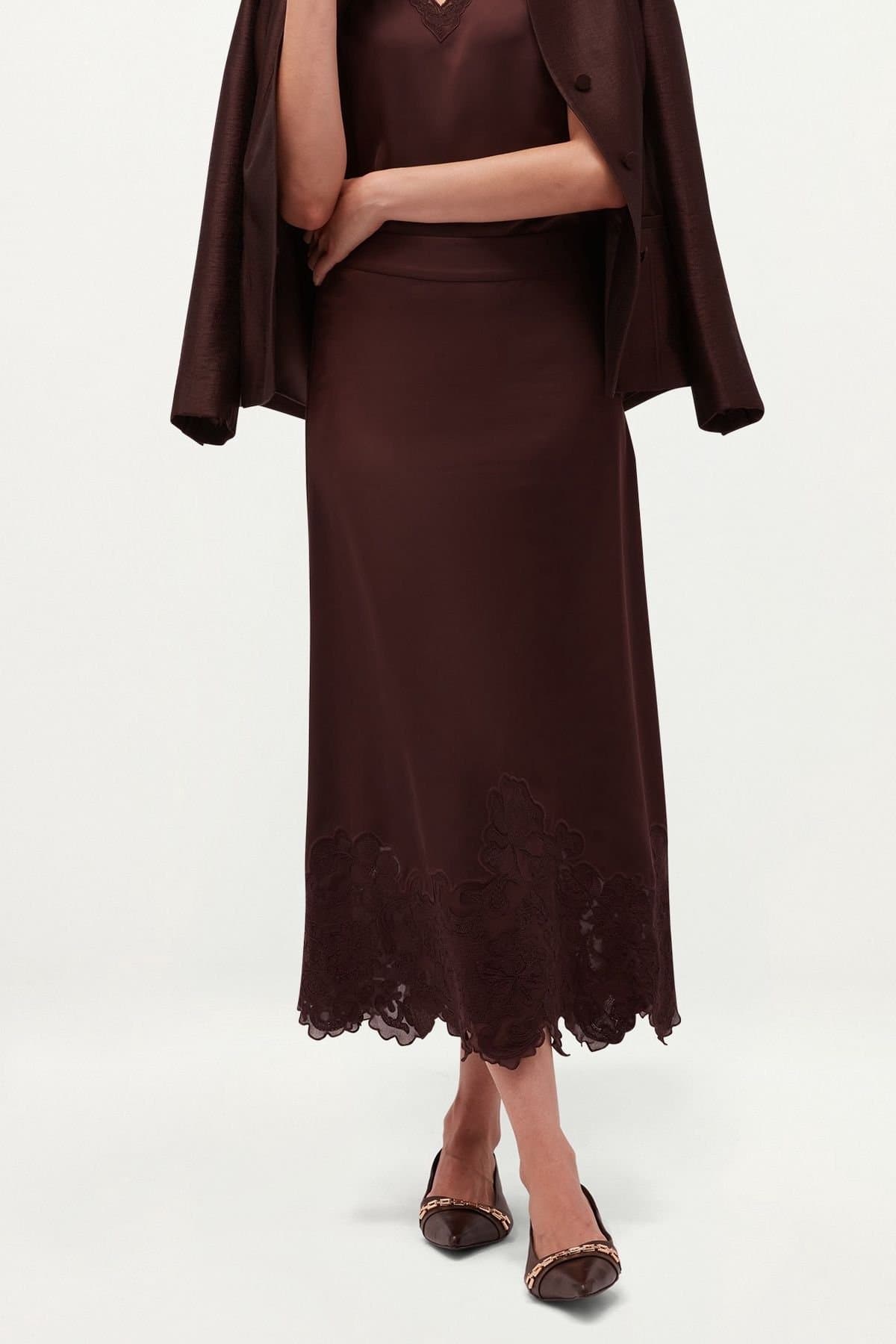 Hobbs London Hobbs London Women's Beaumont Lace Hem Satin Skirt in Chocolate