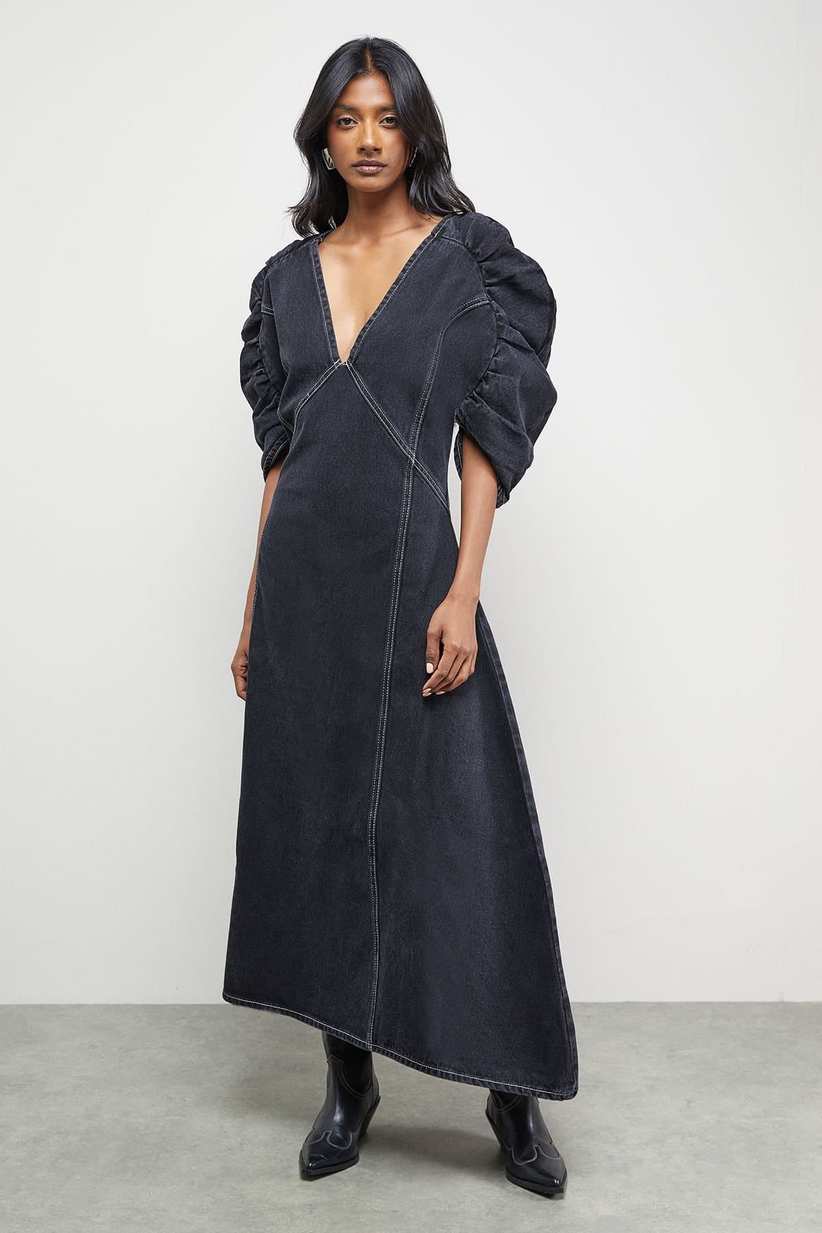 Warehouse Warehouse Women's Denim Gathered Shoulder Seam Detail Midi Dress in Washed Black