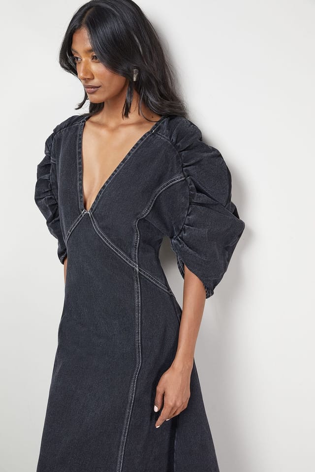 Warehouse Warehouse Women's Denim Gathered Shoulder Seam Detail Midi Dress in Washed Black - 2