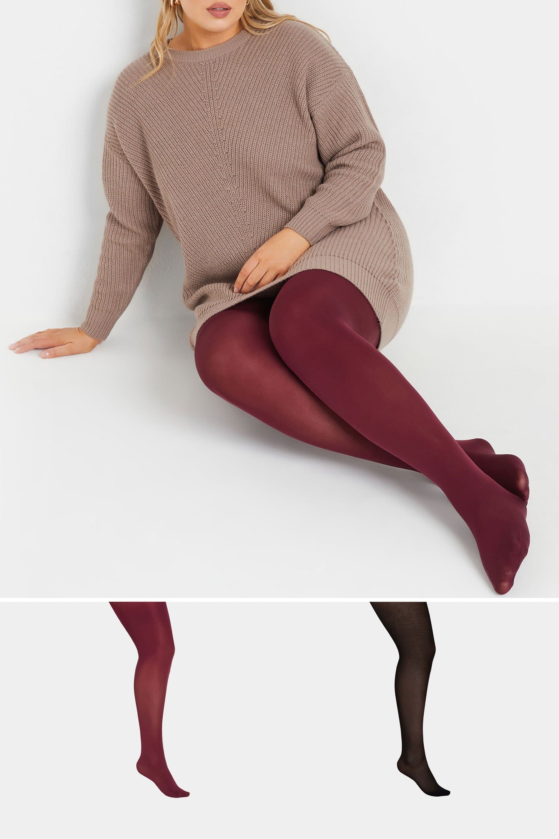 Yours 2 Pack Burgundy Red & Black 100 Denier Tights