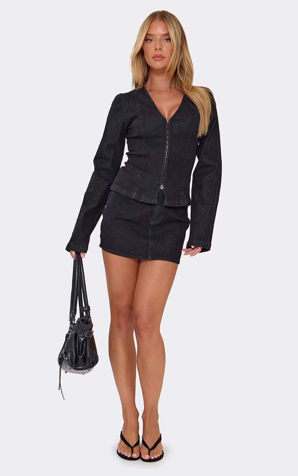 EGO EGO Black Denim Low Rise Fitted Mini Skirt