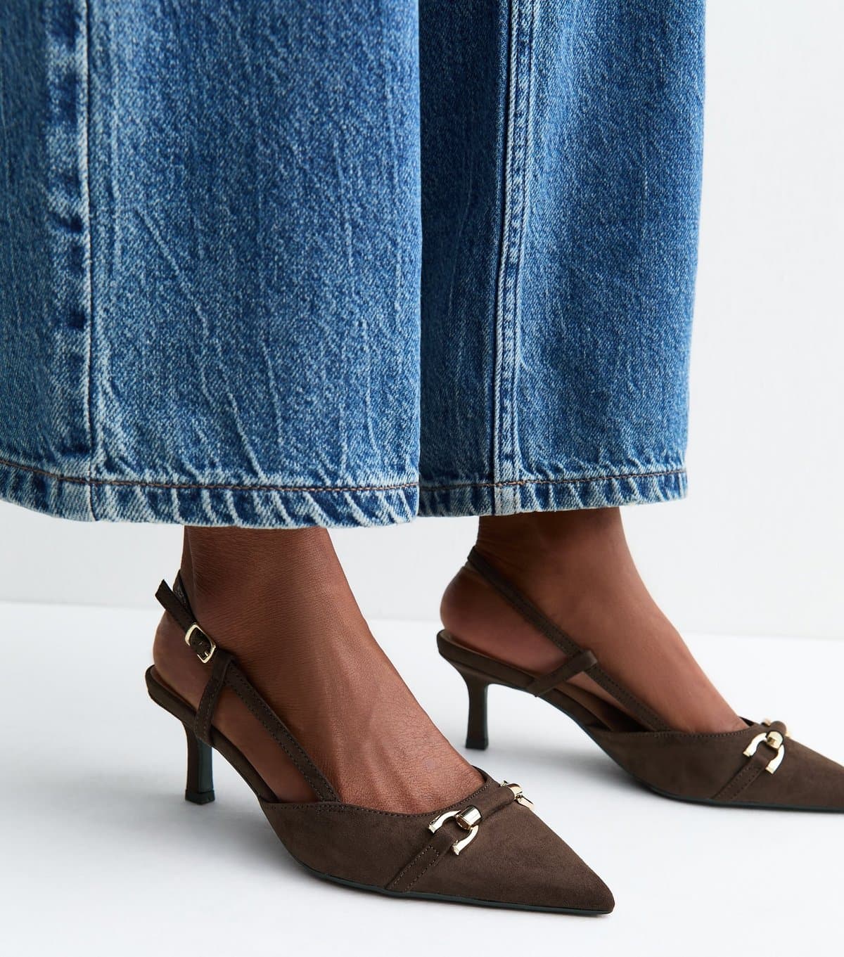 New Look Women's Dark Brown Faux Suede Horsebit Detail Slingback Pumps Vegan New Look