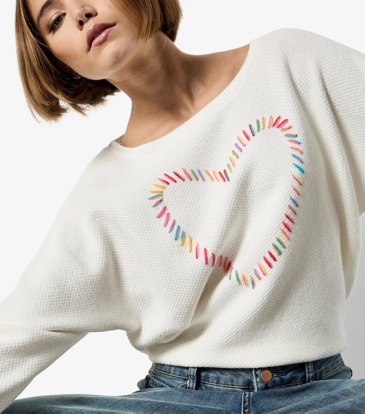 Apricot Women's Cream Heart Stitched Jumper Apricot New Look