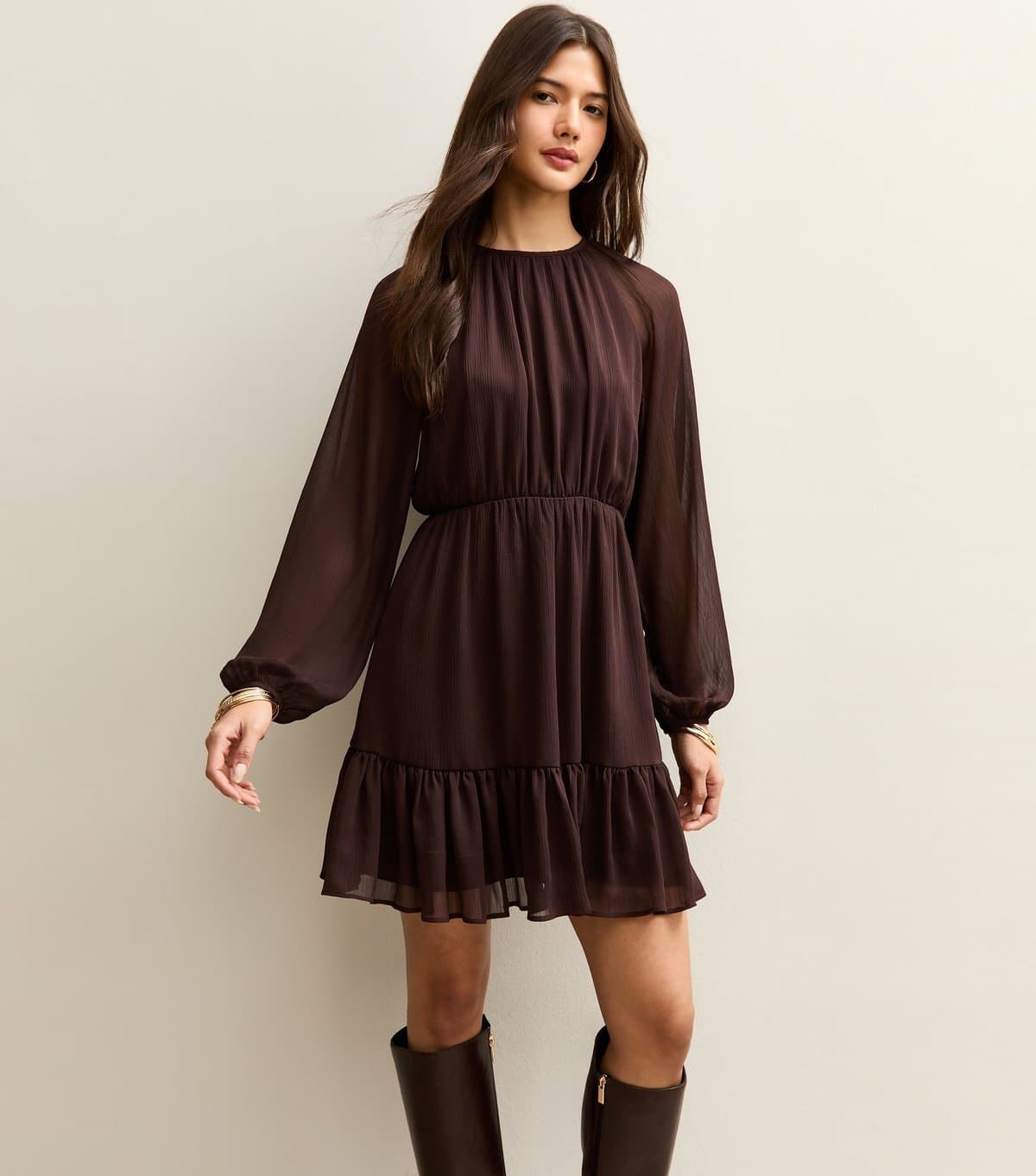 New Look Women's Brown Chiffon Tiered Mini Dress New Look