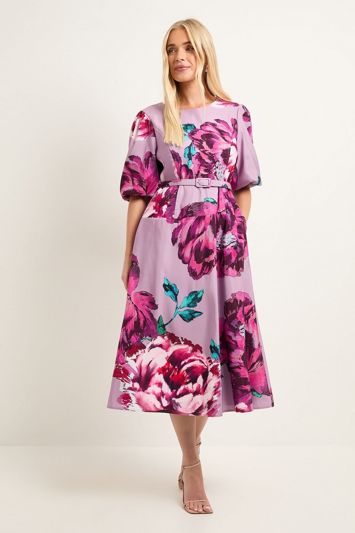 Wallis Wallis Women's Petite Floral Twill Belted Midi Dress in Pink