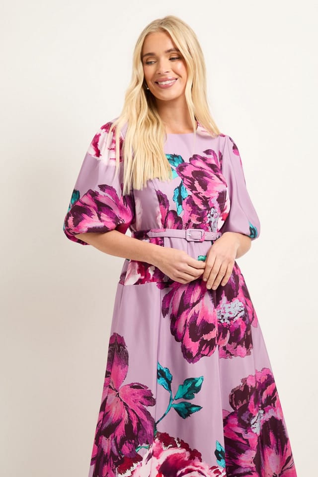 Wallis Wallis Women's Petite Floral Twill Belted Midi Dress in Pink - 2