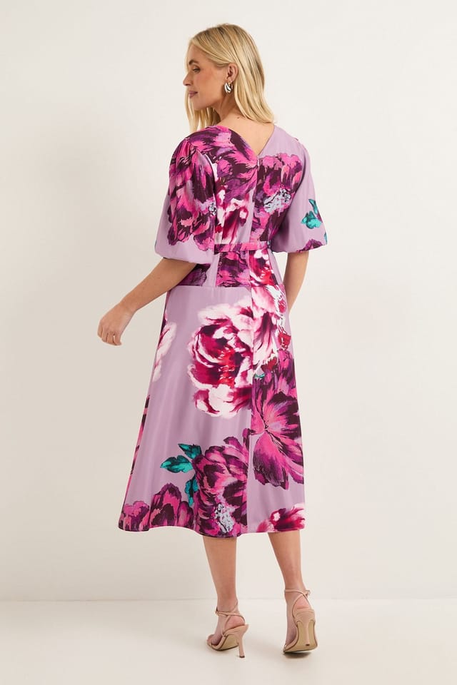 Wallis Wallis Women's Petite Floral Twill Belted Midi Dress in Pink - 3