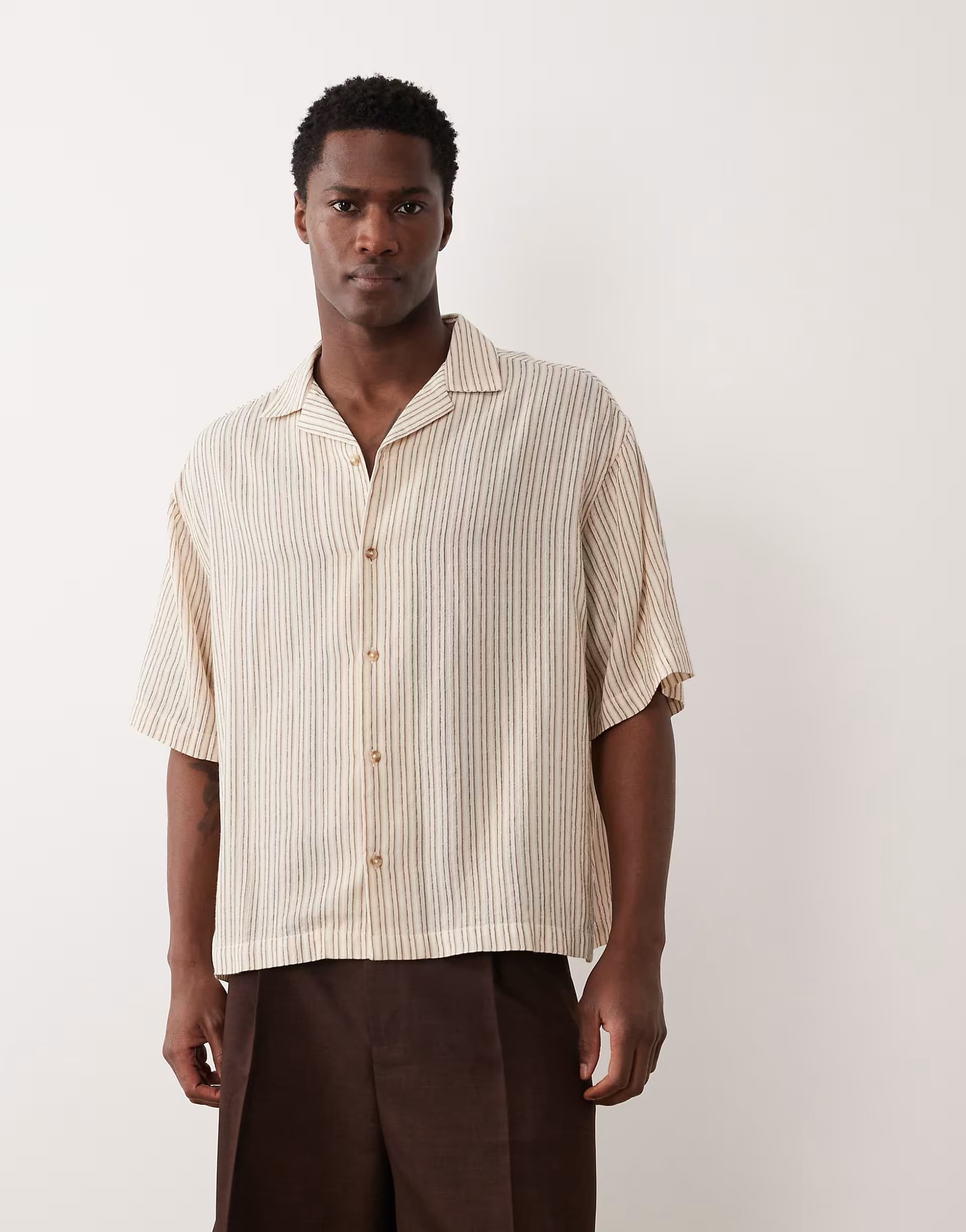 ASOS ASOS DESIGN boxy oversized revere stripe shirt in beige